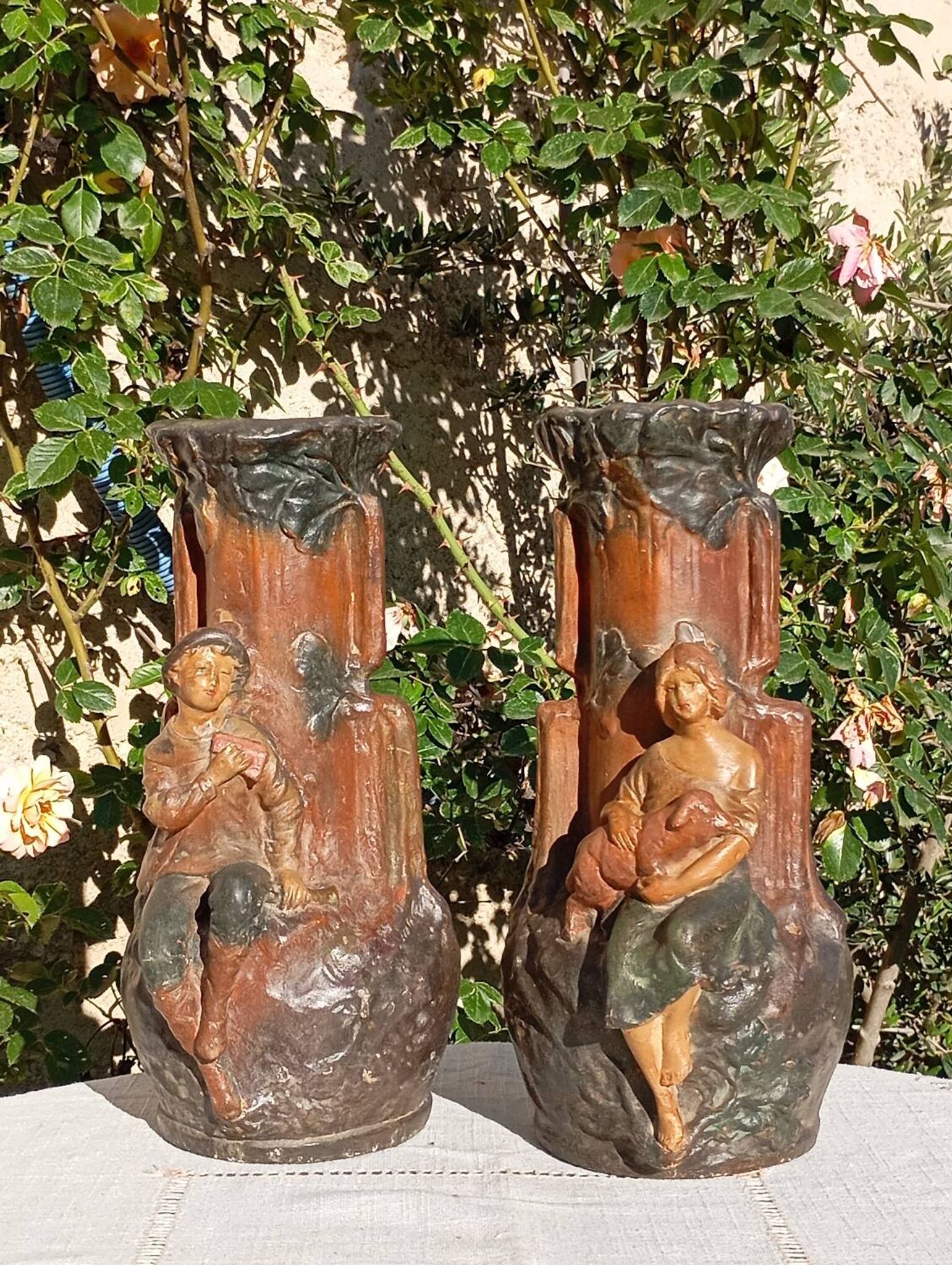 Pair of plaster vases Longchamp Barbotine vases 1900 signed, 28.5 cm high
