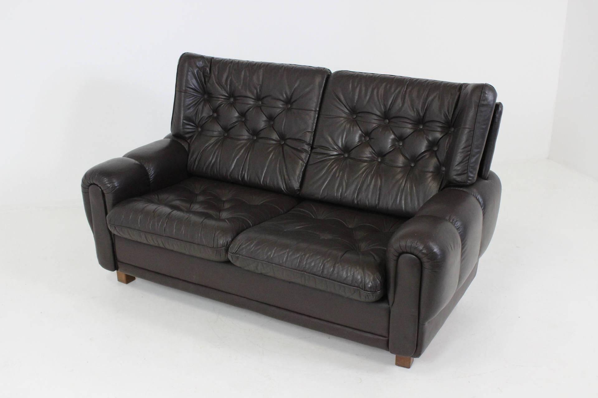 Mid-Century Design Black Leather Sofa, 1970s, Czechoslovakia