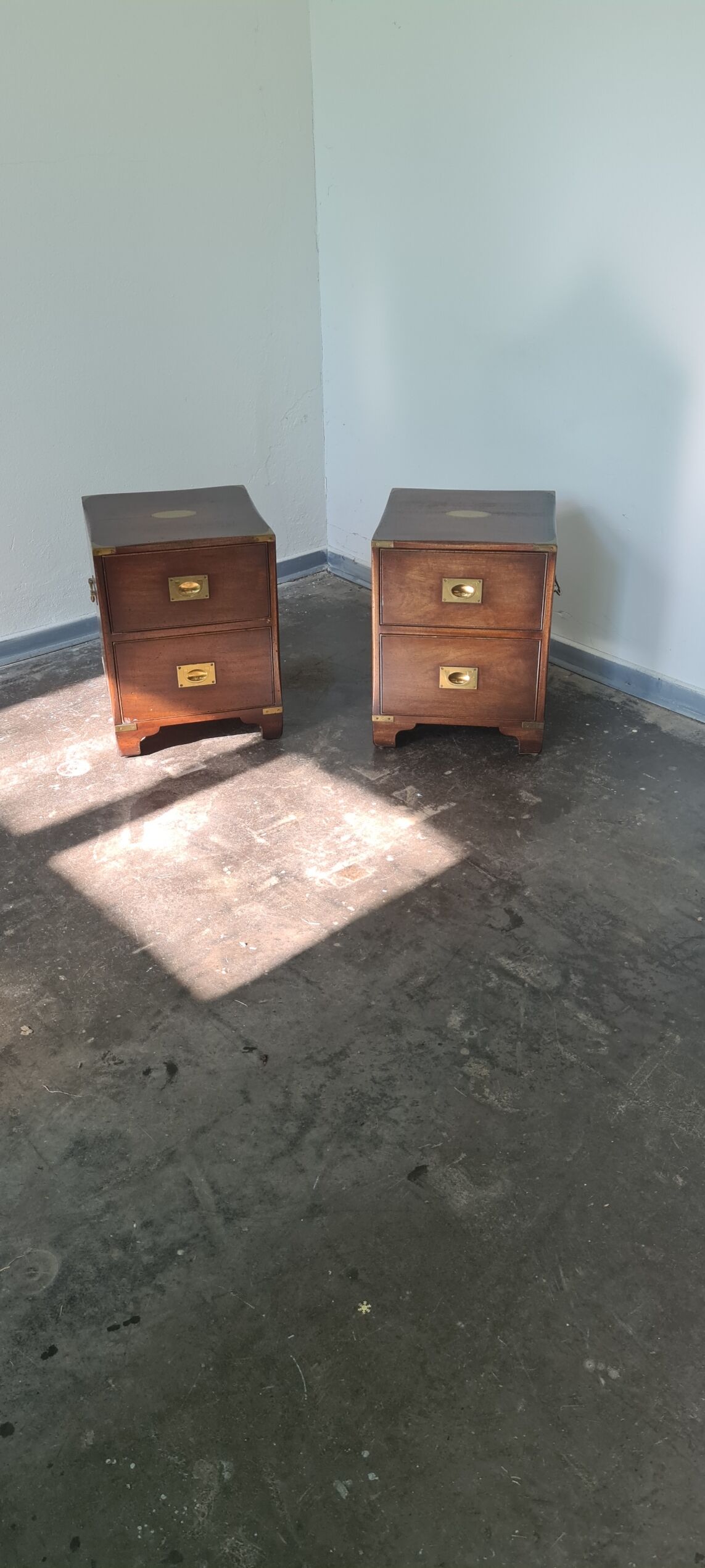 Pair of vintage military campaign wooden nightstands by reprodux england