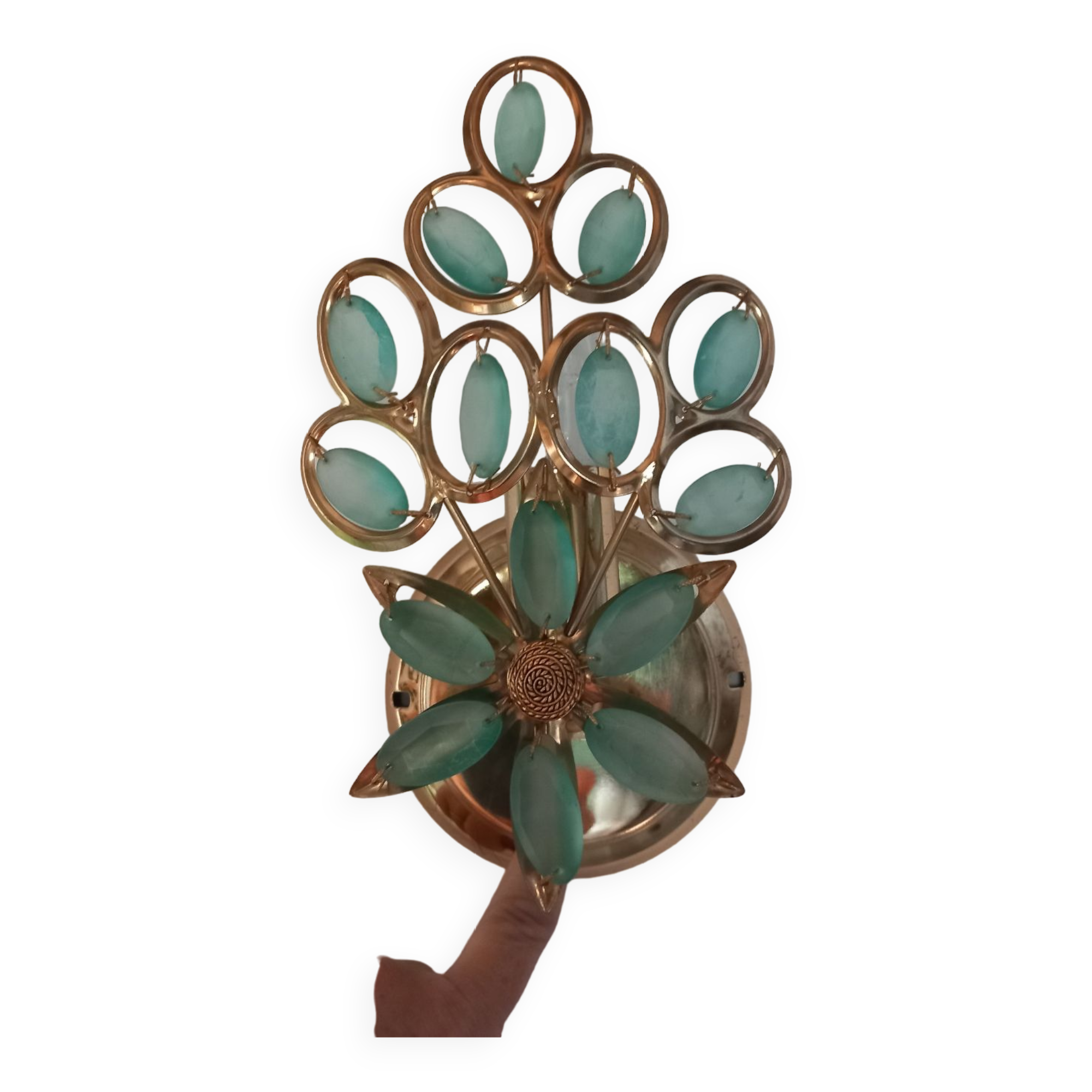 Gold metal wall light with light blue tassels