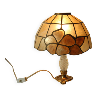 Mid Century handmade table lamp Tiffany Style, made of  mother of pearl, glass and metal, vintage