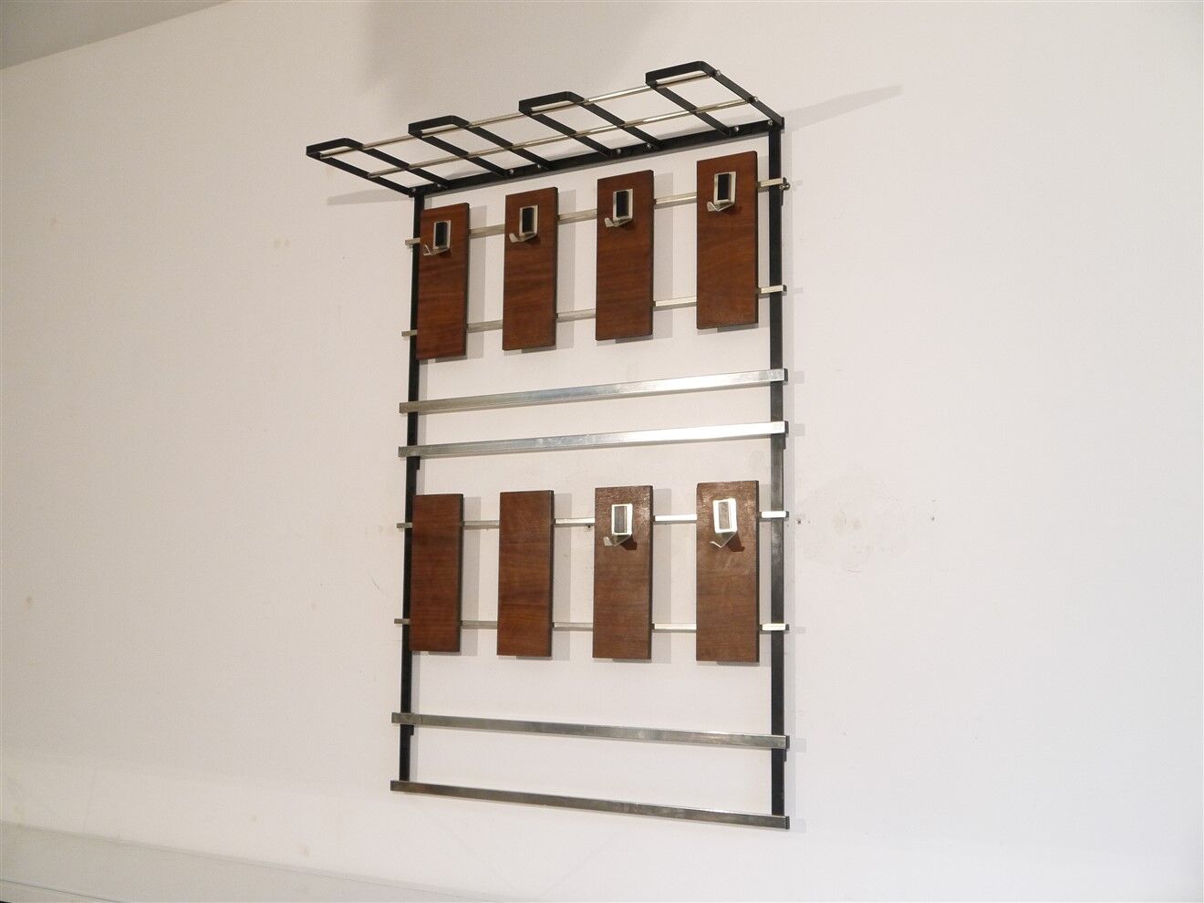 Danish teak and metal coat rack, 1960s