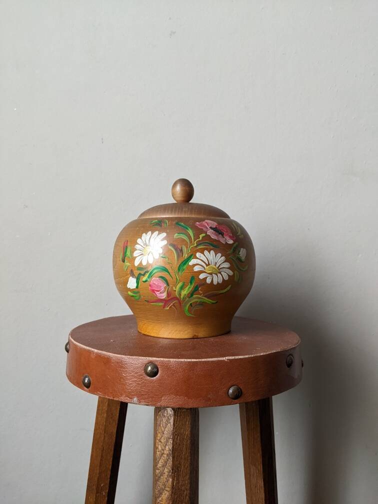 Turned wooden candy box with hand-painted floral decoration, country decor