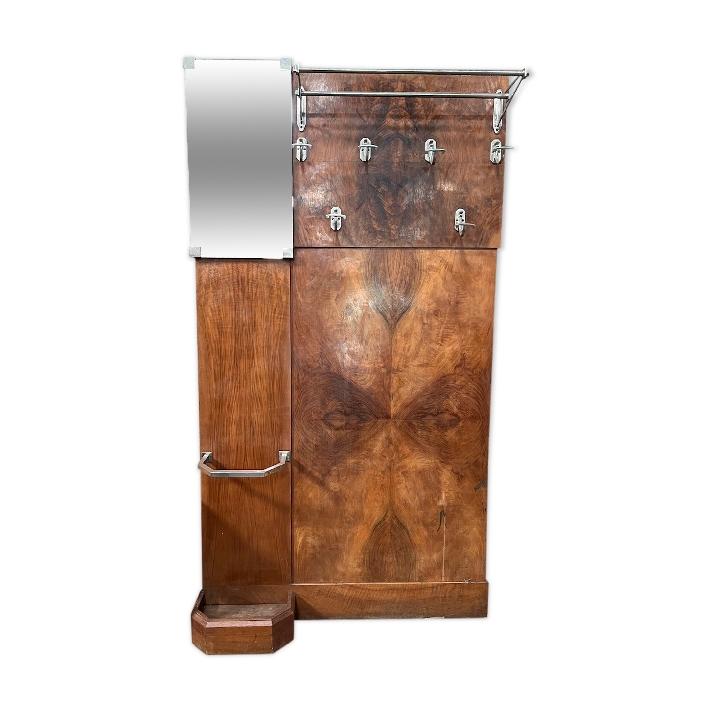 Art deco entrance wardrobe in mahogany veneer with 6 partères, double rod and mirror - 1940