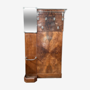 Art deco entrance wardrobe in mahogany veneer with 6 partères, double rod and mirror - 1940