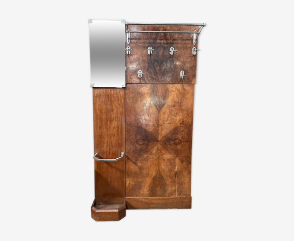 Vestiaire d'entrée art déco en placage d'acajou à 6 partères, tringle double et miroir - 1940