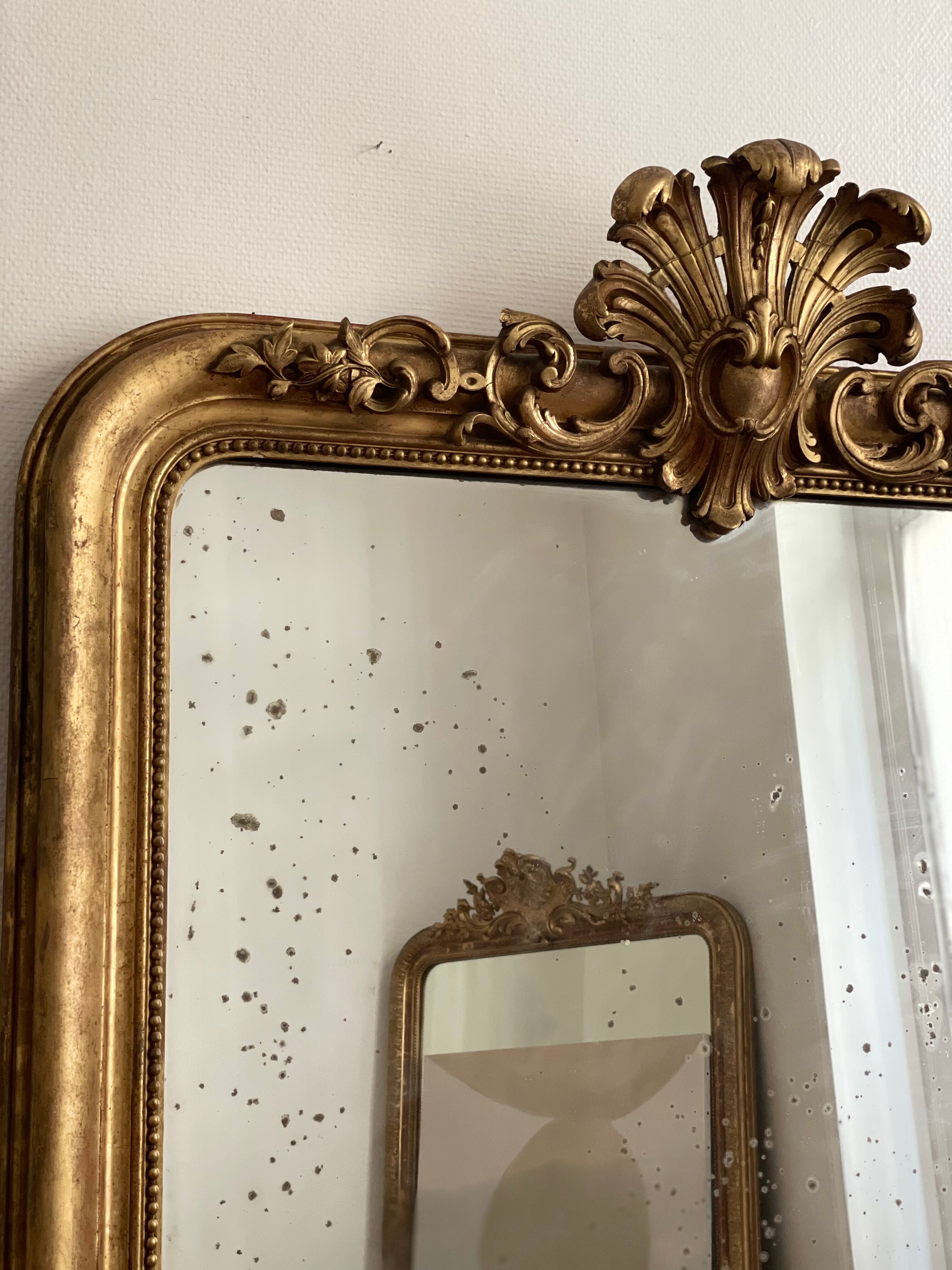 Old mirror louis Philippe Dore gold leaf pediment gilded fireplace