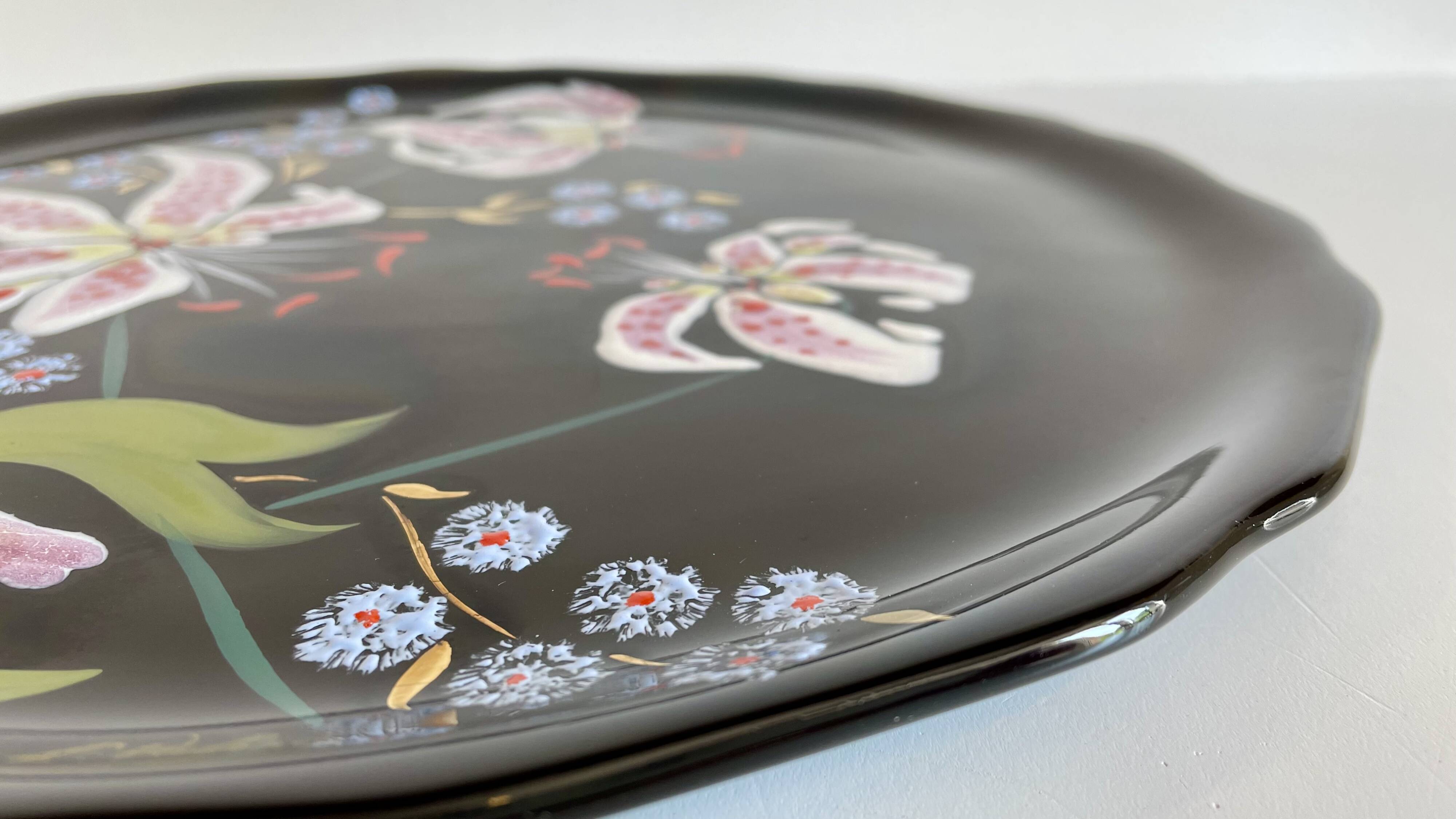 LONGWY PLATTER WITH LILIES signed L. VALENTI