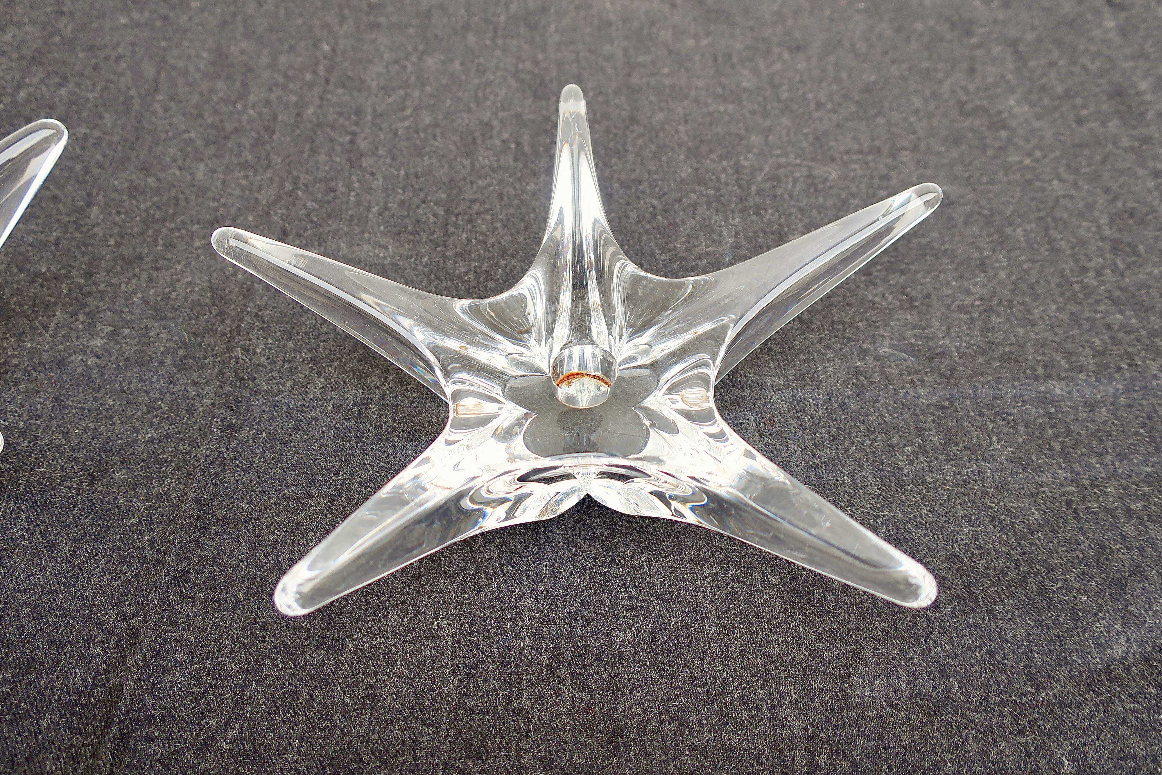 DAUM France pair of crystal candlesticks "Starfish" large model, 1960/1970