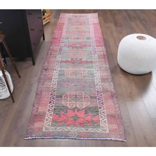 1970s vintage Turkish hand-knotted wool cotton red runner rug 91x354