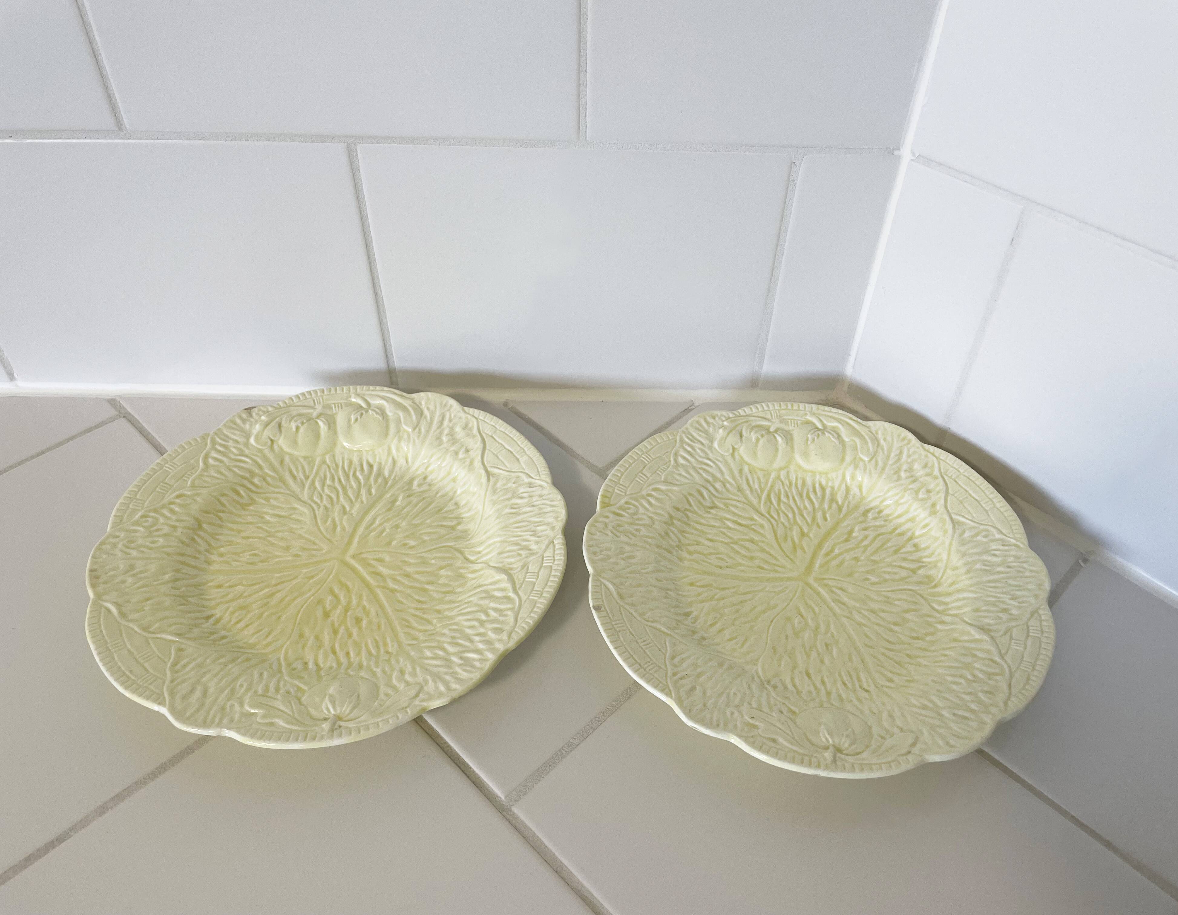 Pair of Yellow Midwinter England Majolica Dessert Plates, Cabbage Leaf