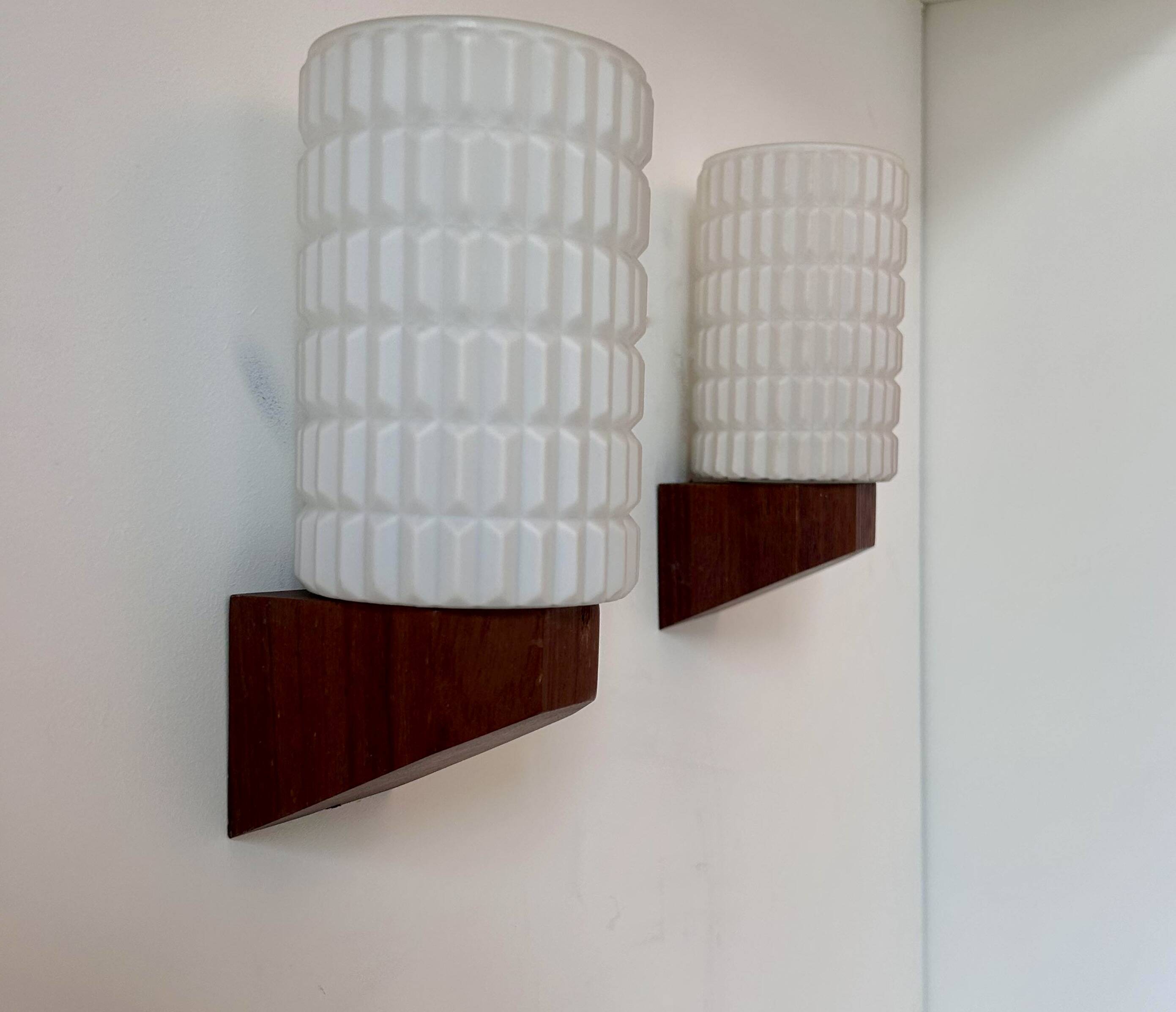 Pair of vintage wall lights, teak and opaline, Philips Netherlands 1950