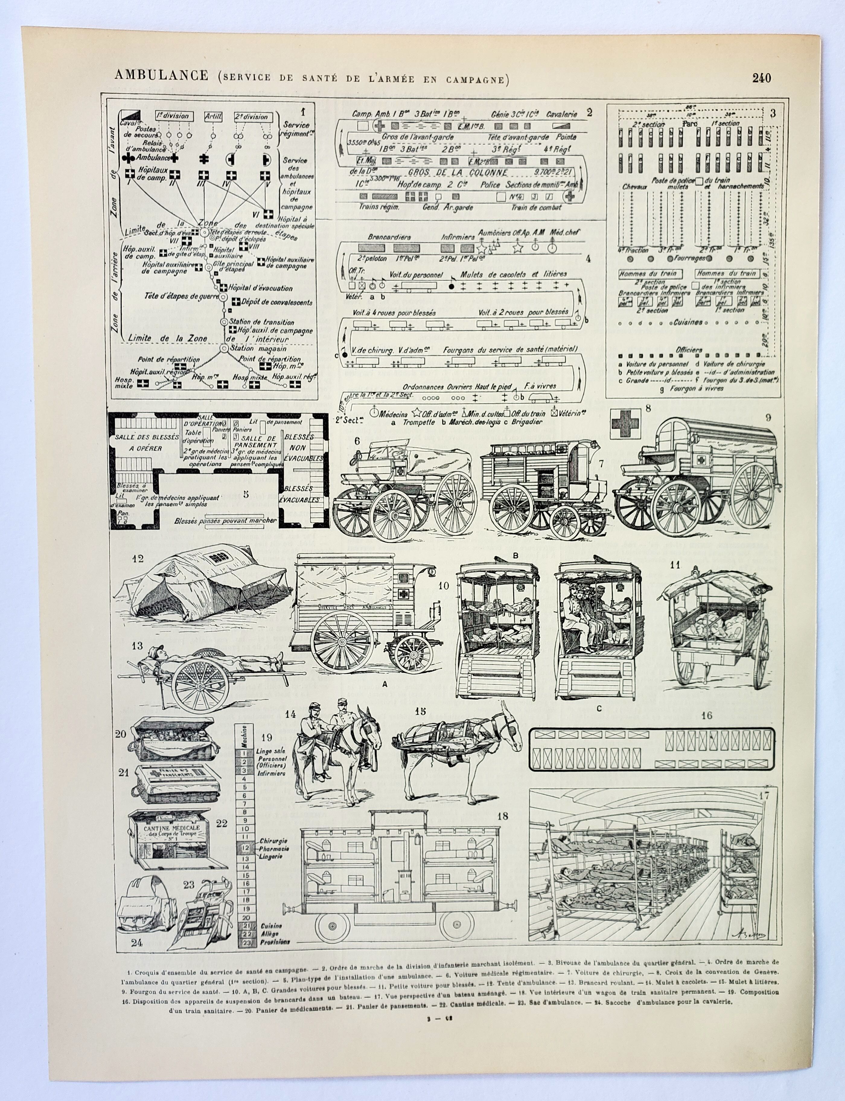 Gravure • Ambulance de l'armée, pompier • Lithographie originale et vintage de 1898