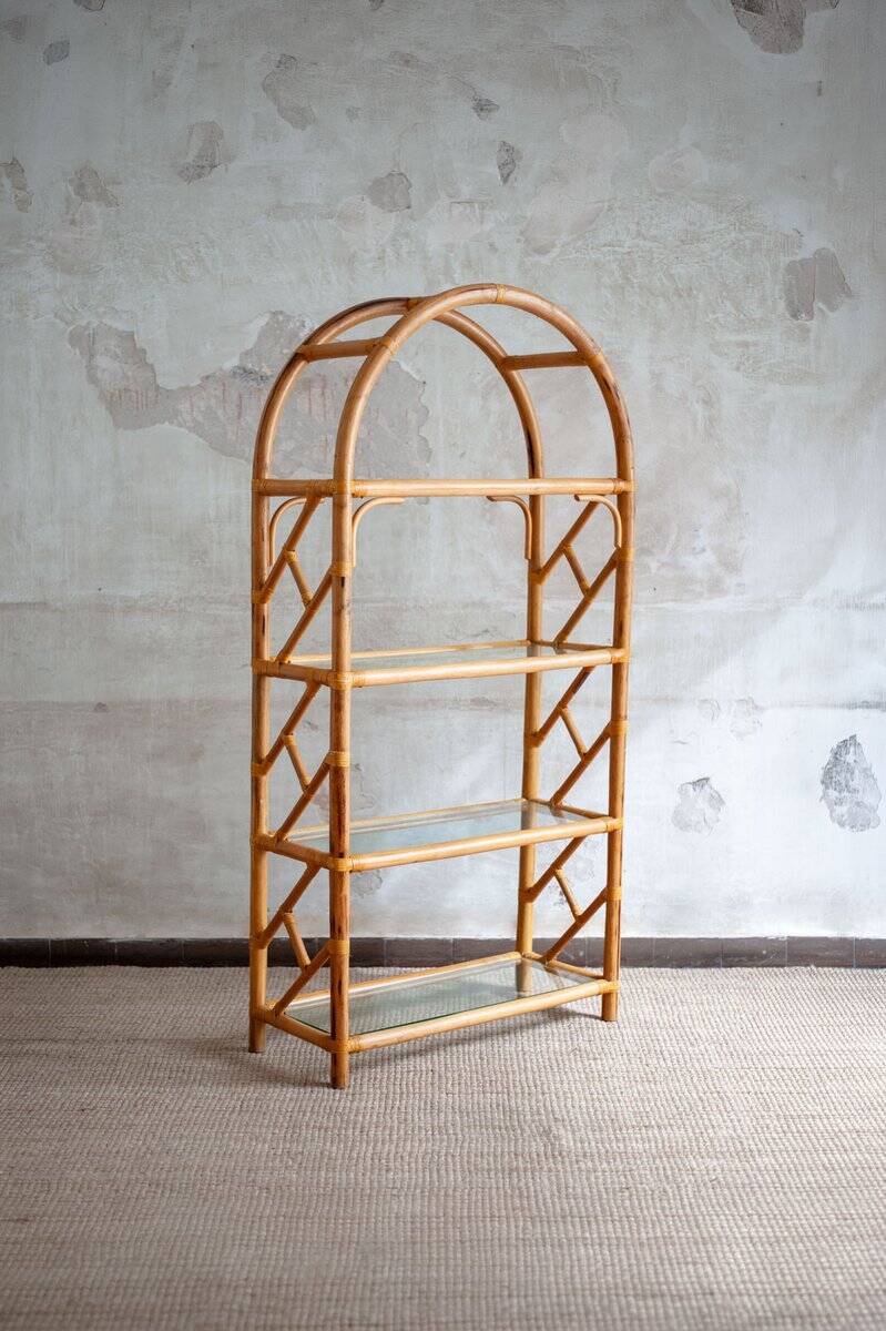 Vintage bamboo arch bookshelf, 1970s