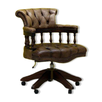 Vintage Chesterfield Revolving Captain's Chair with Brow Leather Upholstery