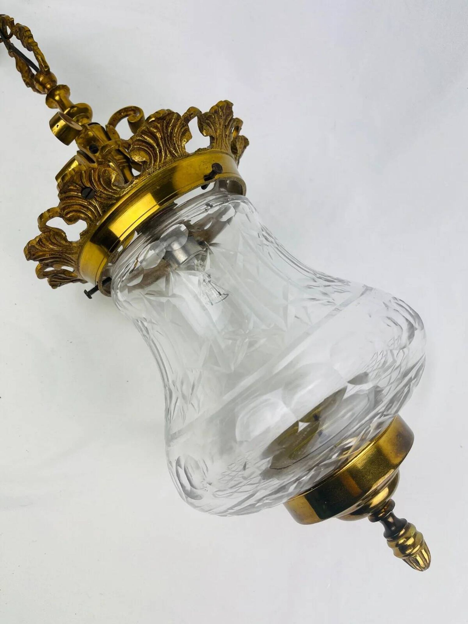 Suspension lantern in gilded bronze and engraved glass, Louis XVI style.