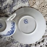 Vintage Sarreguemines cup & saucer – White earthenware with blue floral decoration