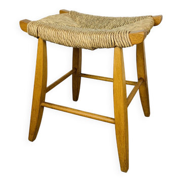 Tabouret taureau paille et bois, design Suisse, années 50