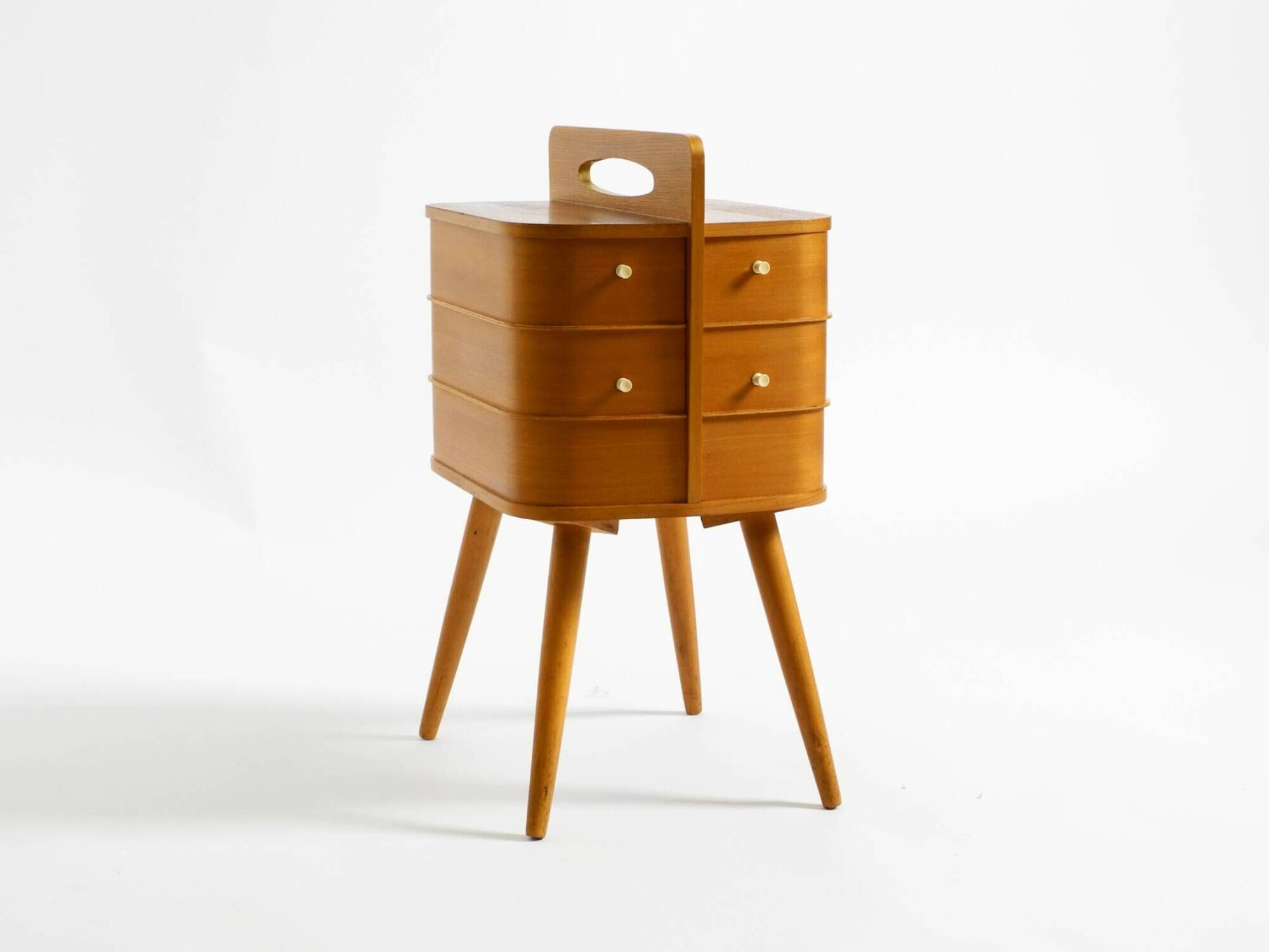 Beautiful original Mid Century teak sewing box with hinged compartments