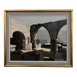 Huile sur toile Alain L'Hermitte Lhermitte architecture géométrique XXe