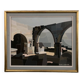 Oil on canvas Alain L'Hermitte Lhermitte geometric architecture 20th century