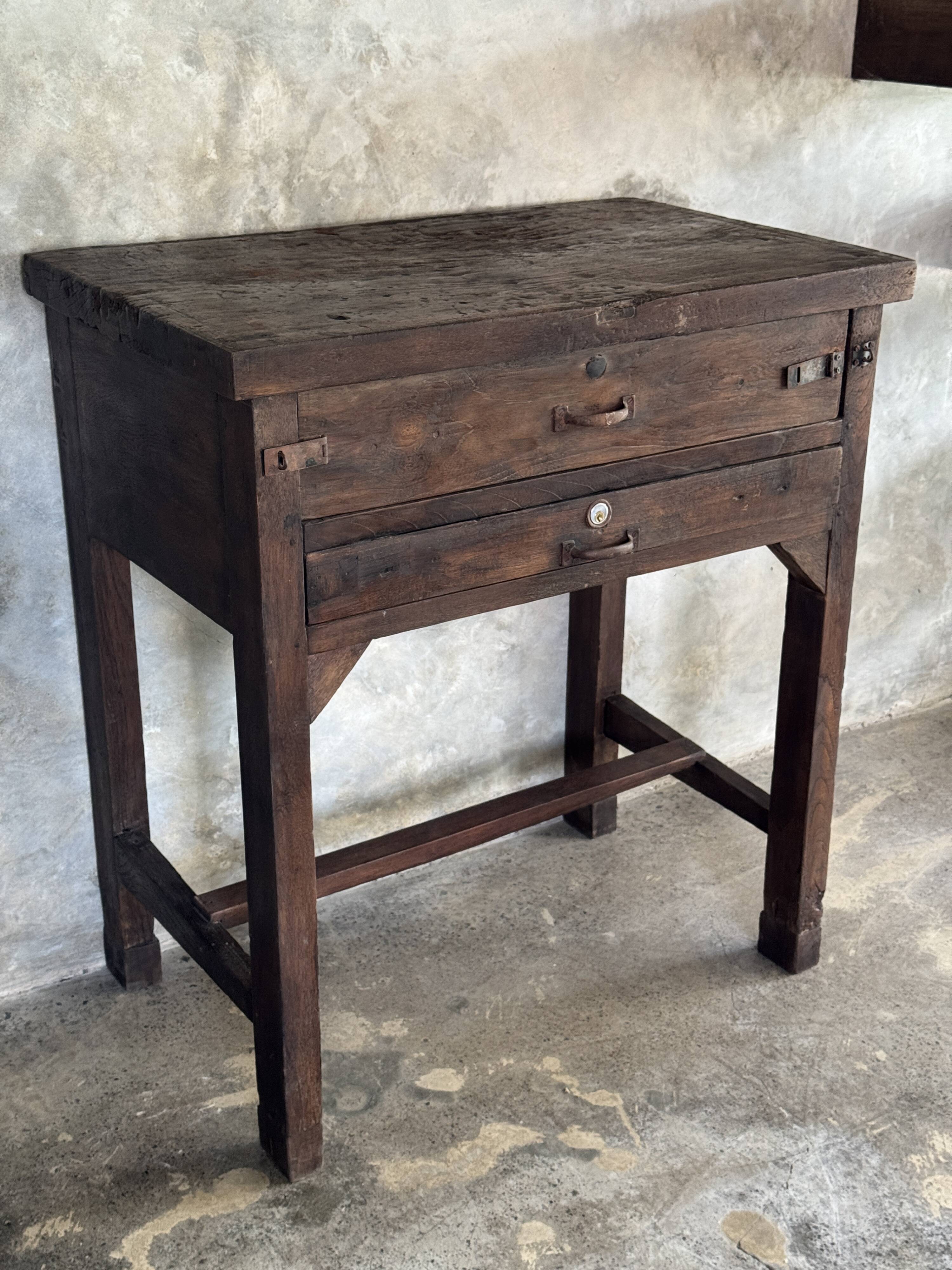 Antique Indonesian teak workbench with two drawers and stretcher H89.