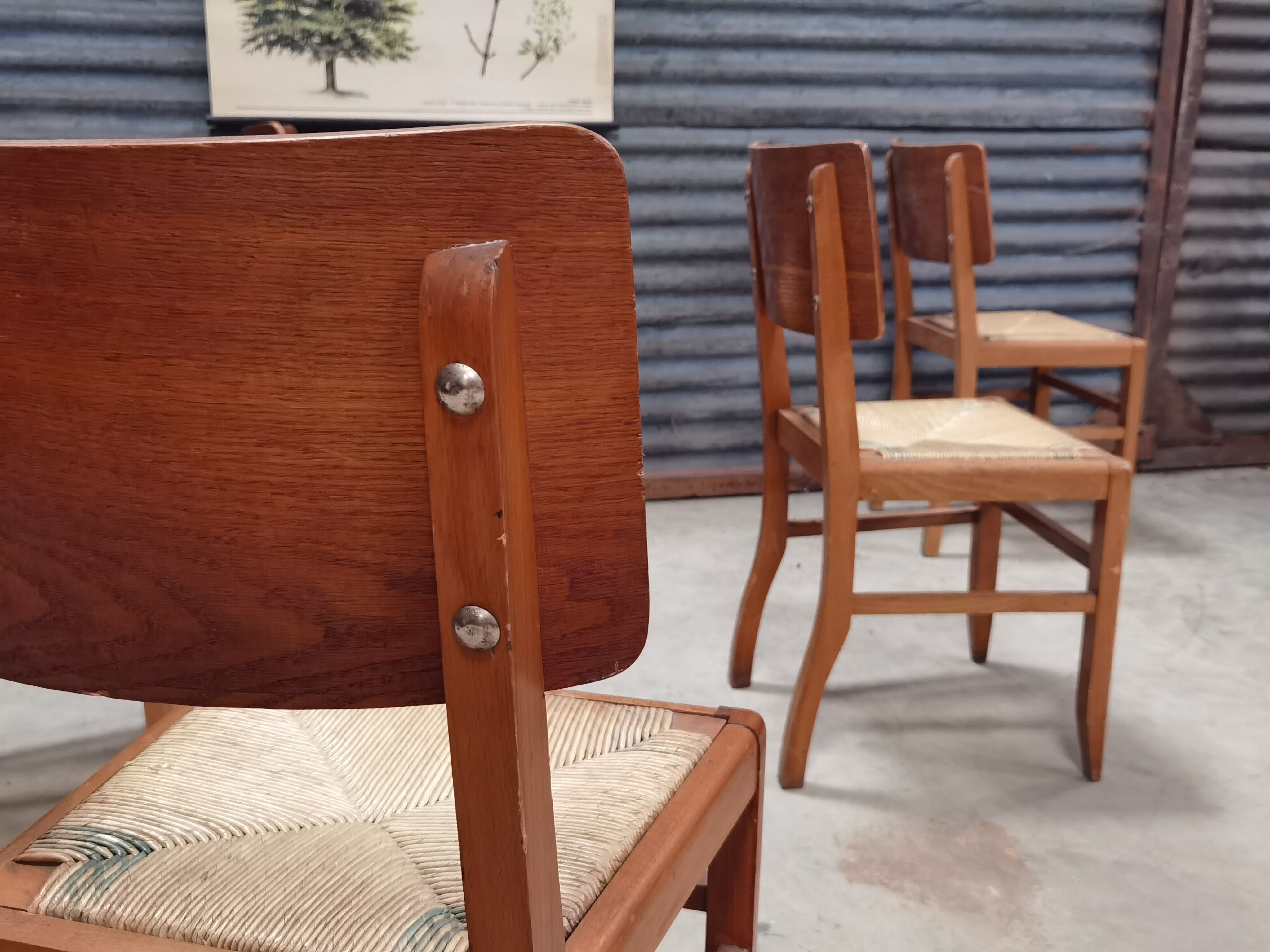 Set of 6 chairs straw wood reconstruction