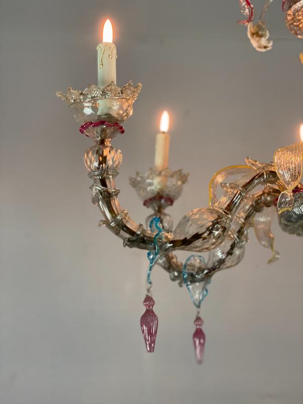 Rezzonico Lustre In Murano Colored Glass, 6 Arms of Light