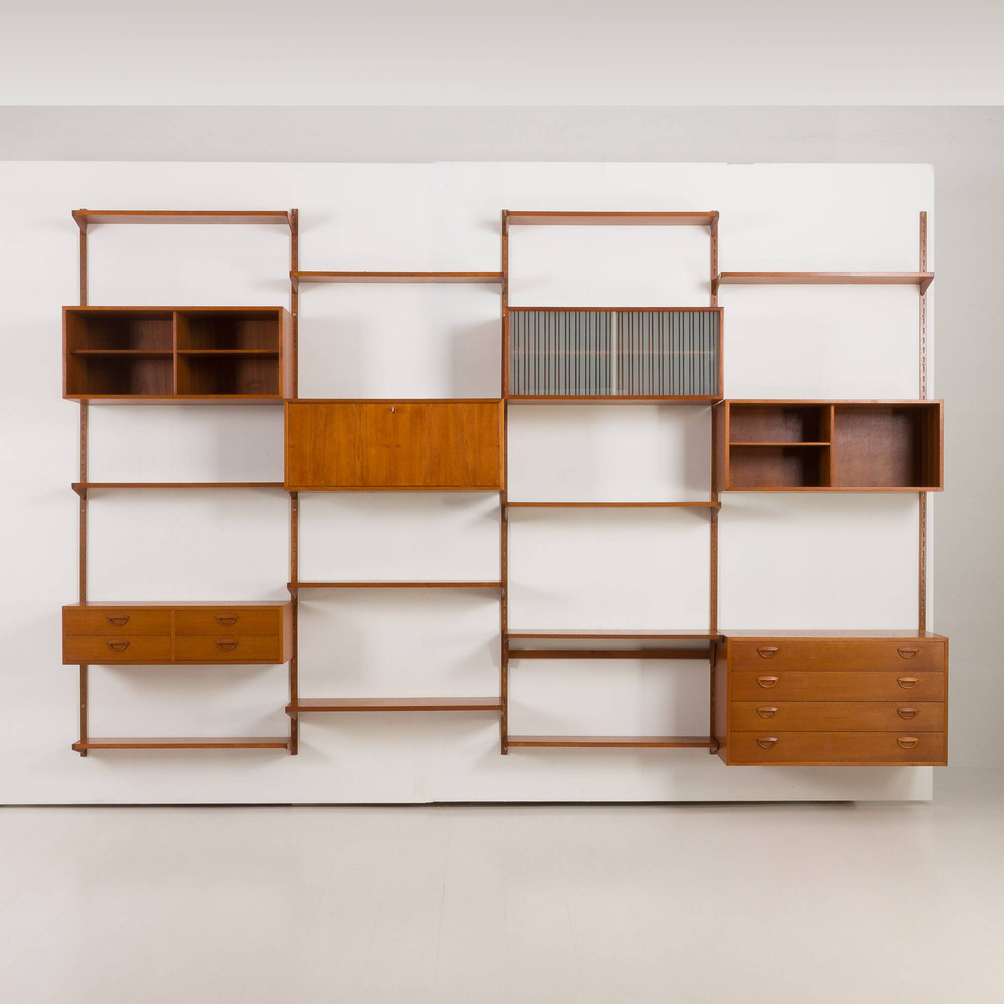 Kai Kristiansen four bay teak wall unit with a dresser, FM Mobler, Denmark