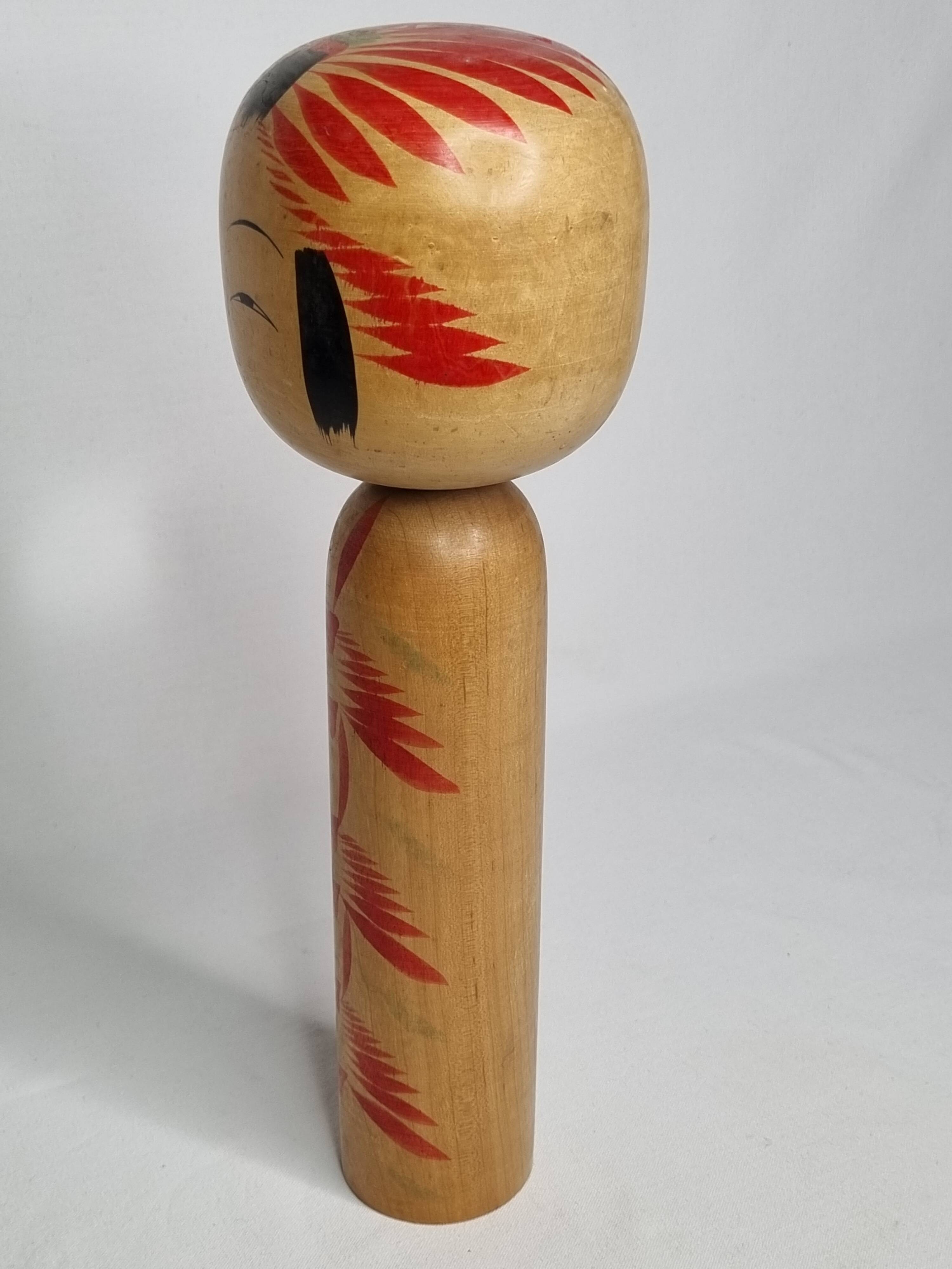 Vintage Signed Japanese Kokeshi Doll, Hand Painted Red Floral Decor, 32cm