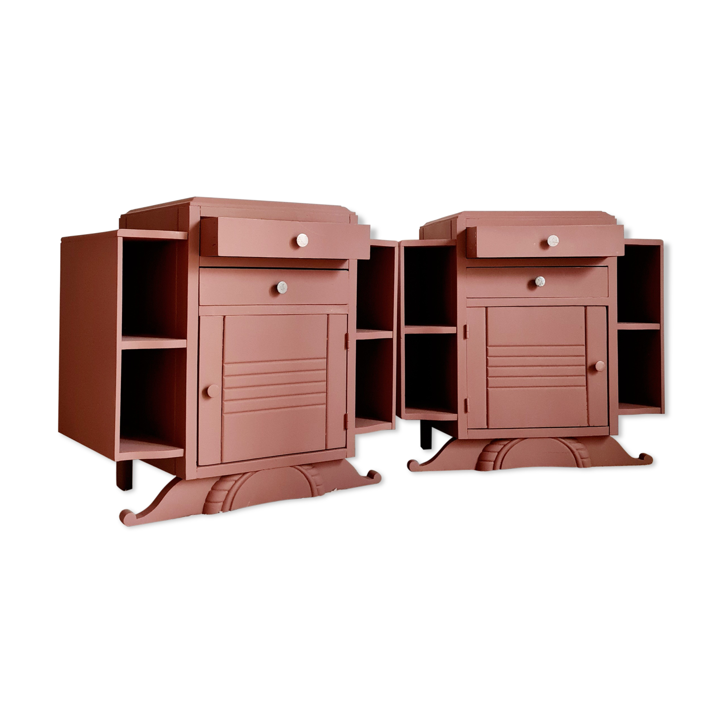 Pair of art deco bedside tables renovated Red ochre