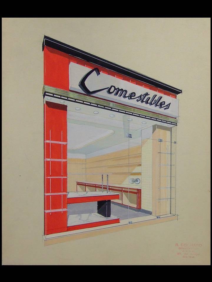 EDIBLE SHOP - ORIGINAL GOUACHE ARCHITECTURE -1950- R. COCHARD, PARIS