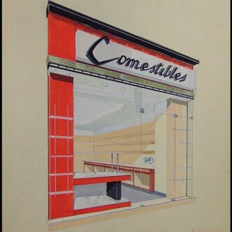 BOUTIQUE COMESTIBLES - GOUACHE ORIGINALE ARCHITECTURE -1950- R. COCHARD, PARIS