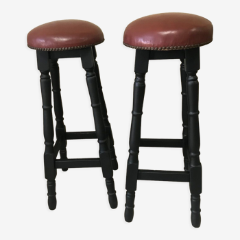 2 tabourets de bar cuir et bois noir