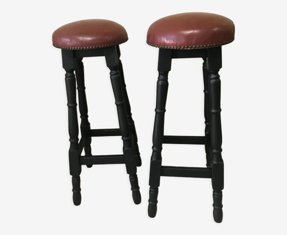 2 tabourets de bar cuir et bois noir