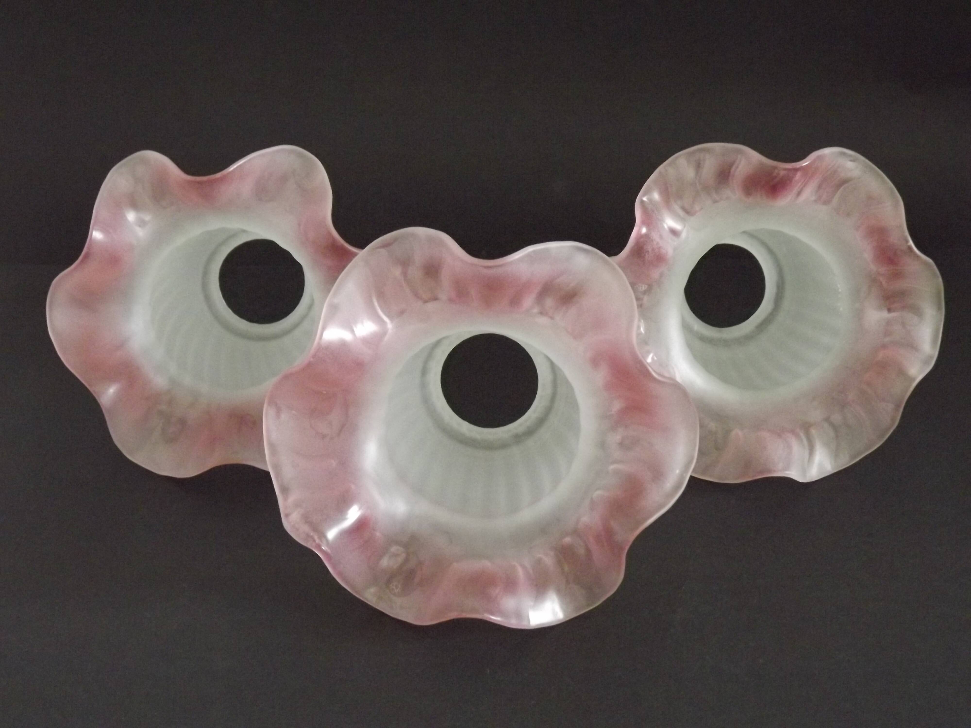 Set of 3 White Opaque Glass Shades With Ribbed Detail Pink Frilled Edge