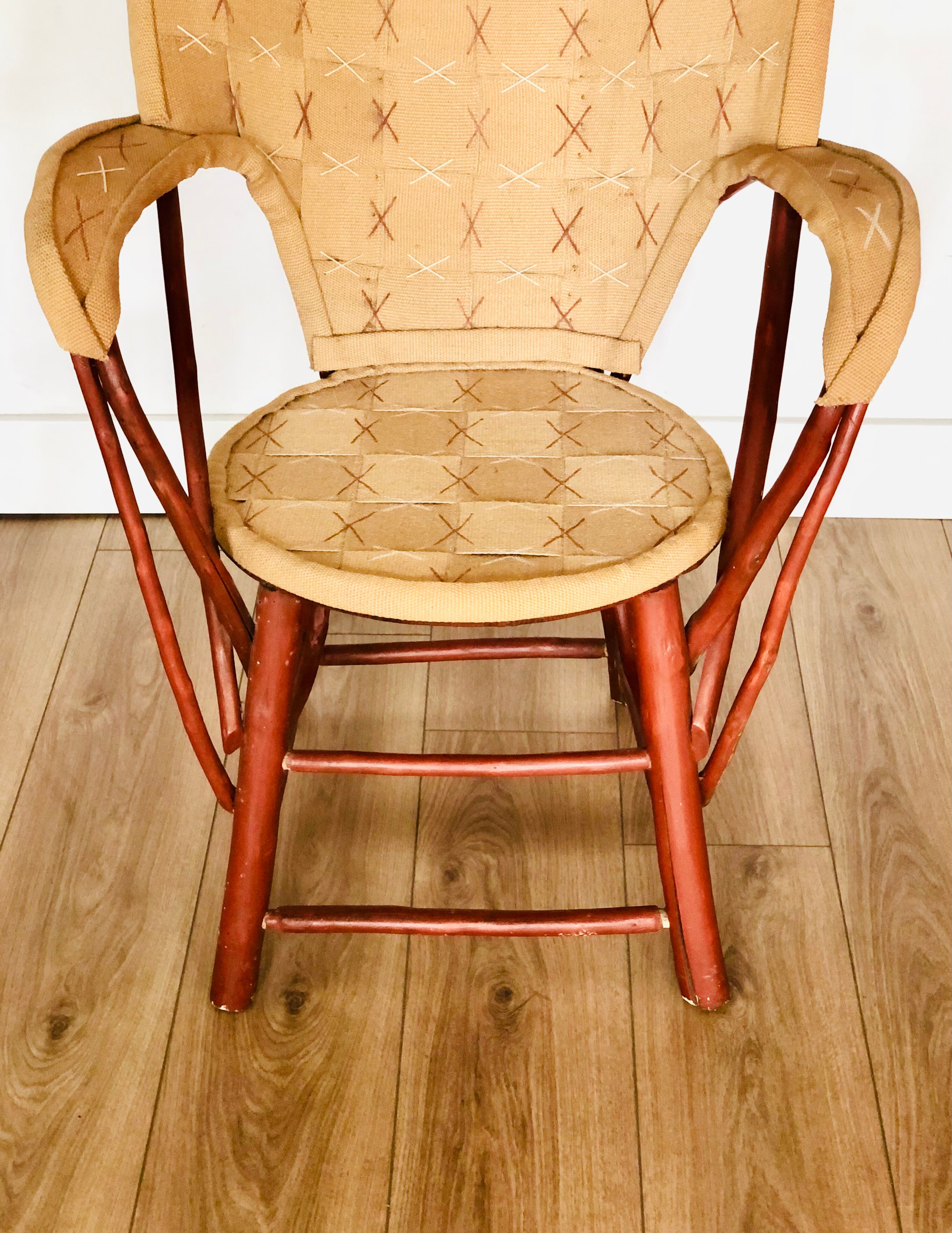 Vintage chestnut armchair and burlap