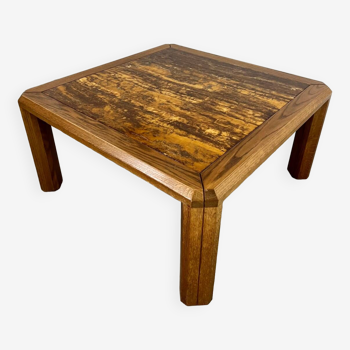 Ancienne table basse plateau marbre doré design années 70 pieds bois vintage