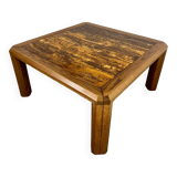 Ancienne table basse plateau marbre doré design années 70 pieds bois vintage