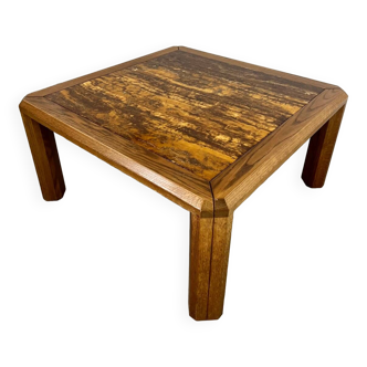 Old coffee table with golden marble top, 70s design, vintage wooden feet