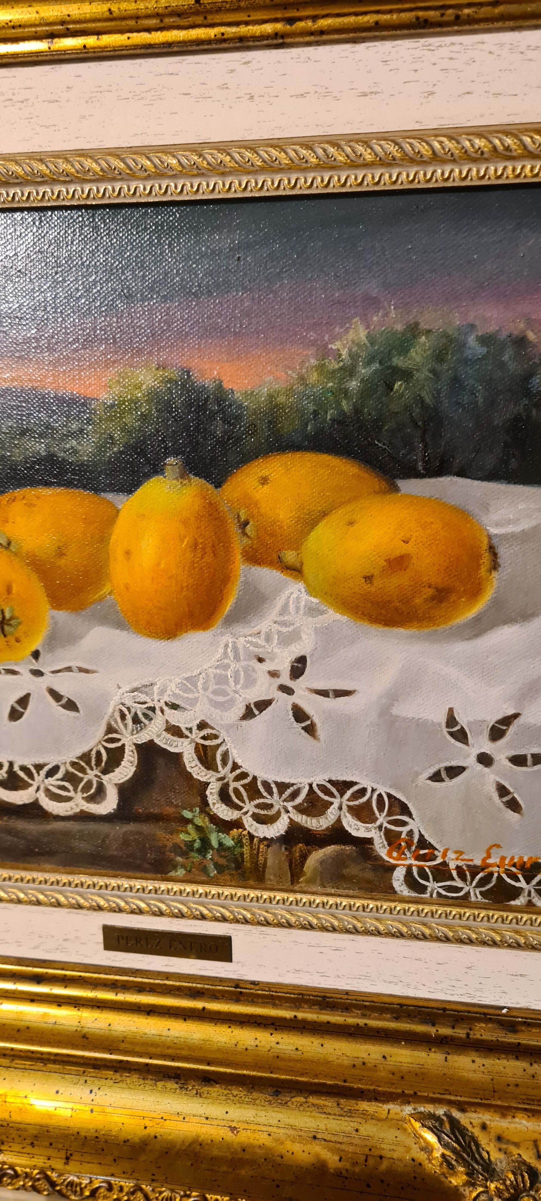 Painting by Perez Enero signed Still Lifes, H49x55 Superb framing very rare, because to paint