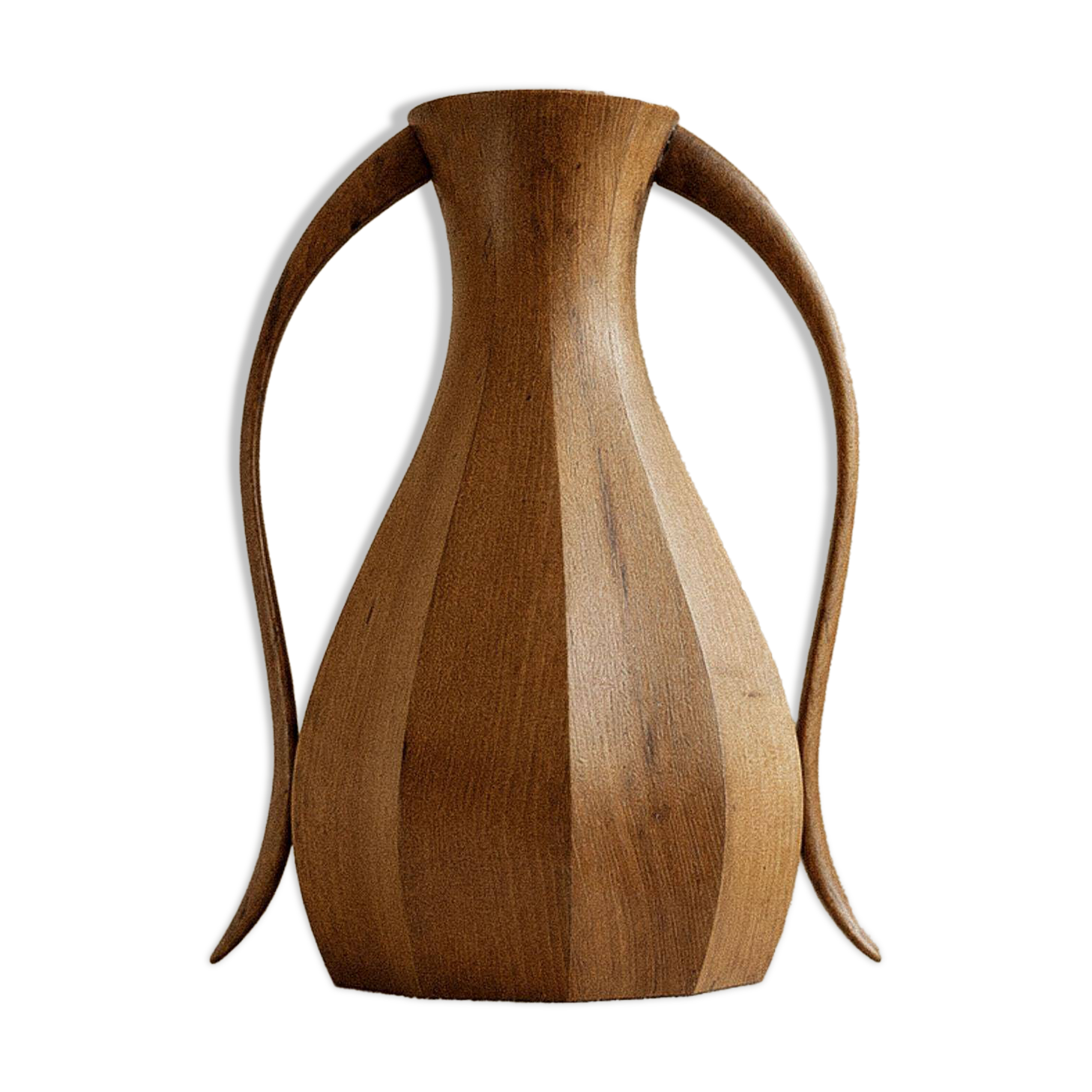 Vase vintage en bois des années 1960 avec deux anses, forme amphore classique, intérieur en métal, objet décoratif design, idée cadeau élégante