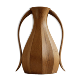 Vintage wooden vase from the 1960s with two handles, classic amphora shape, metal interior, decorative design object, elegant gift idea.