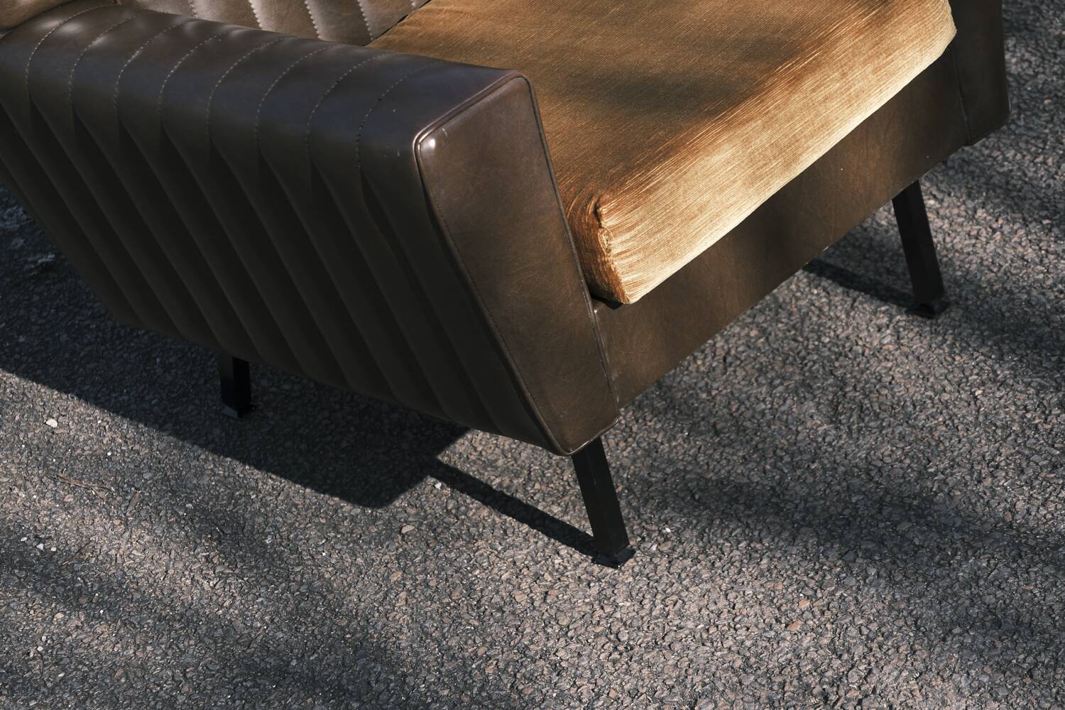 Vintage 60s armchair in brown skai and mustard fabric – restored