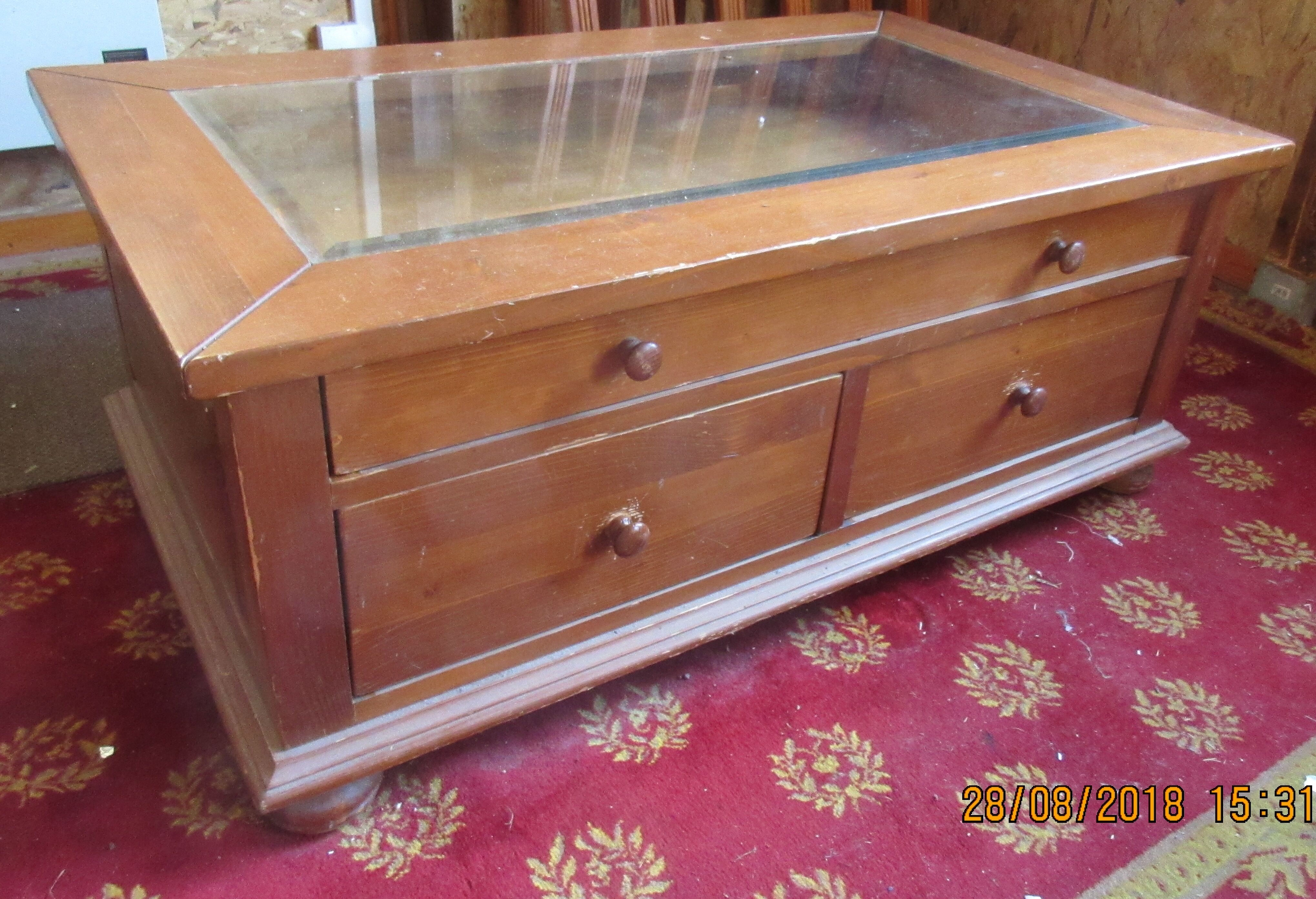 Coffee table top beveled glass and 3 drawers through