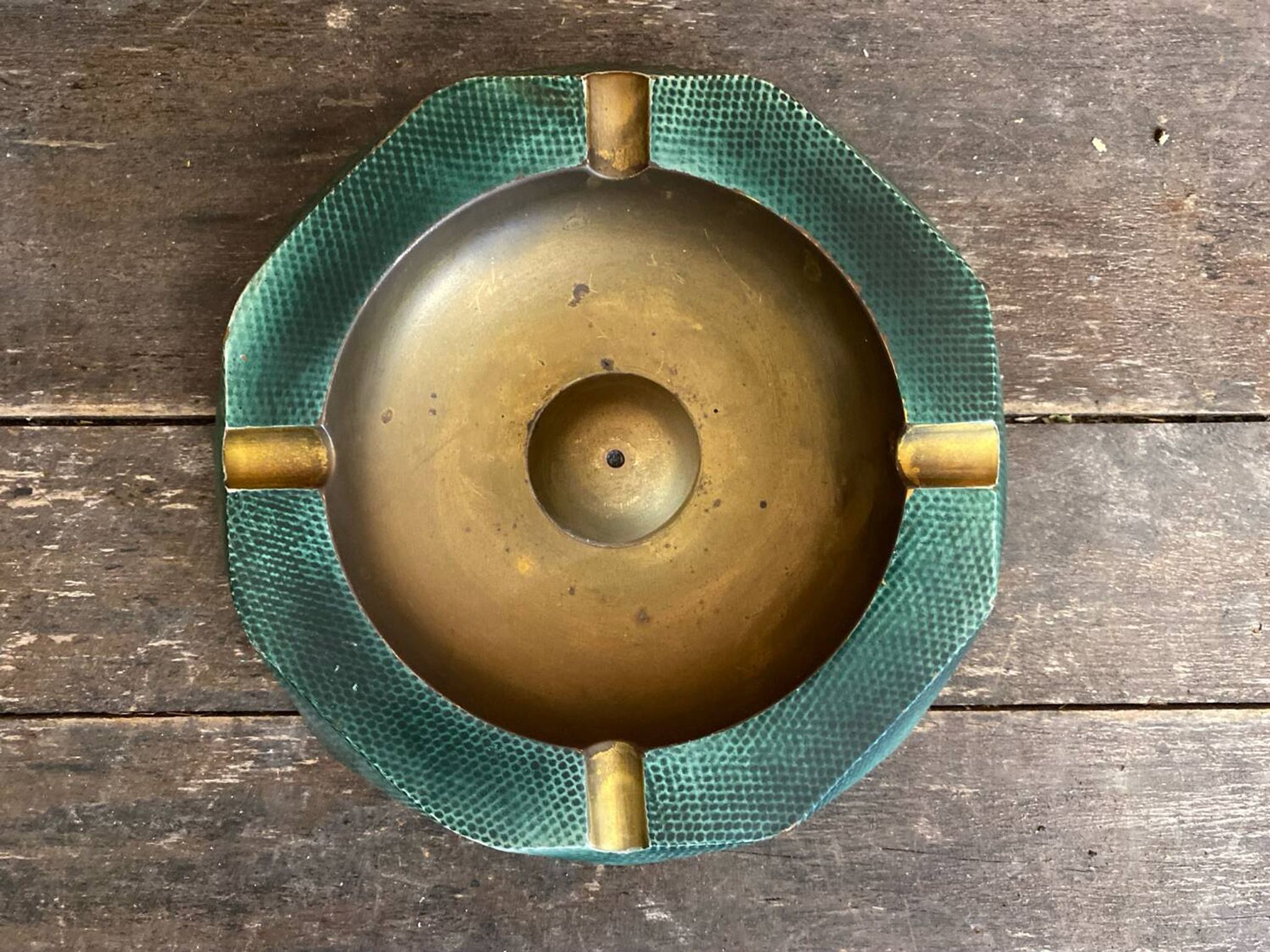 Vintage Green Metal Octagonal Ashtray + Brass