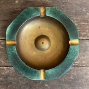 Vintage Green Metal Octagonal Ashtray + Brass