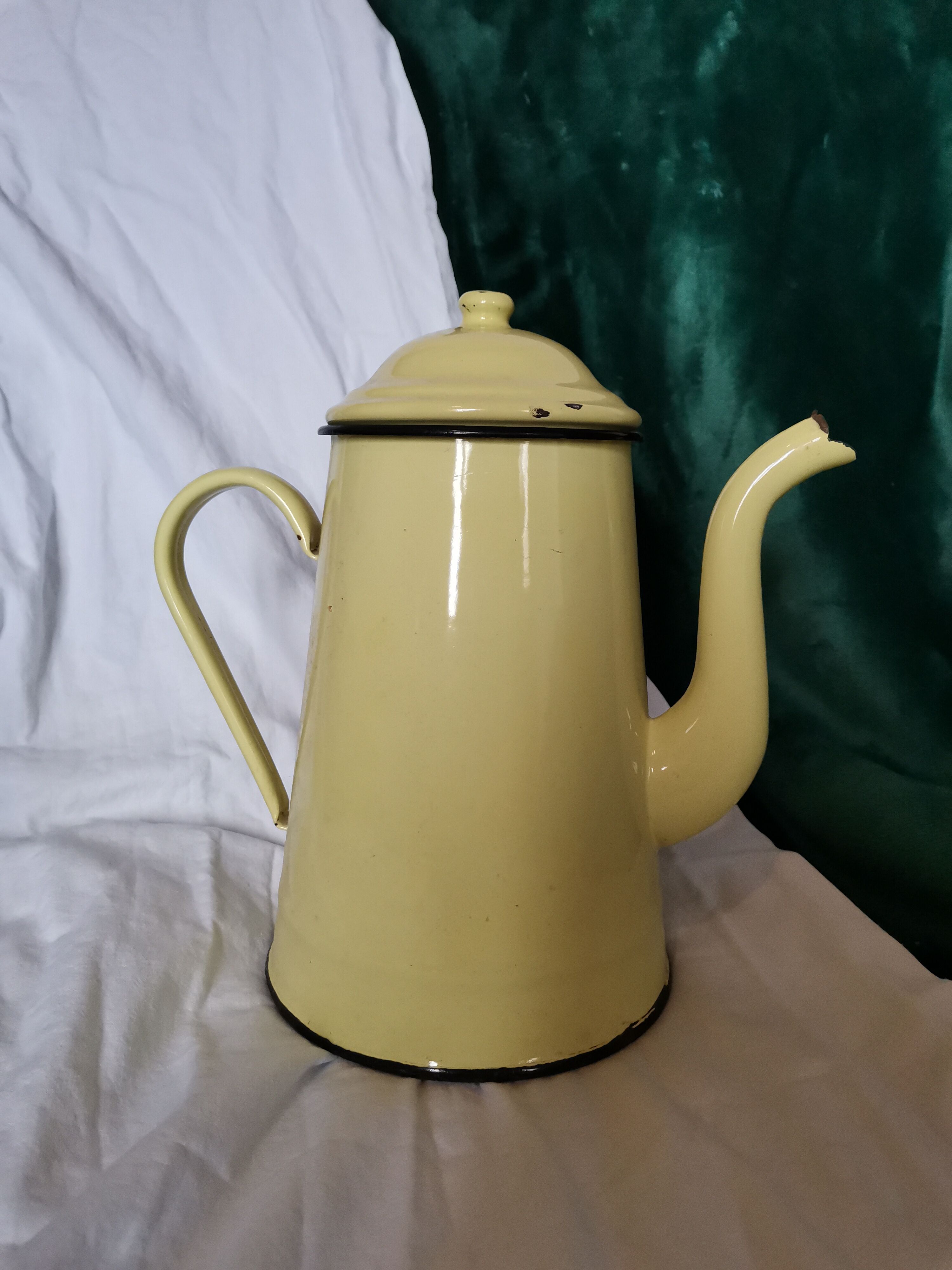 Cafetière complète verte et blanche, tôle émaillée de géranium rouges