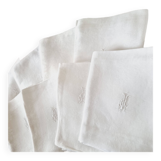 8 serviettes de table en tissu antique avec anagramme en coton damassé
