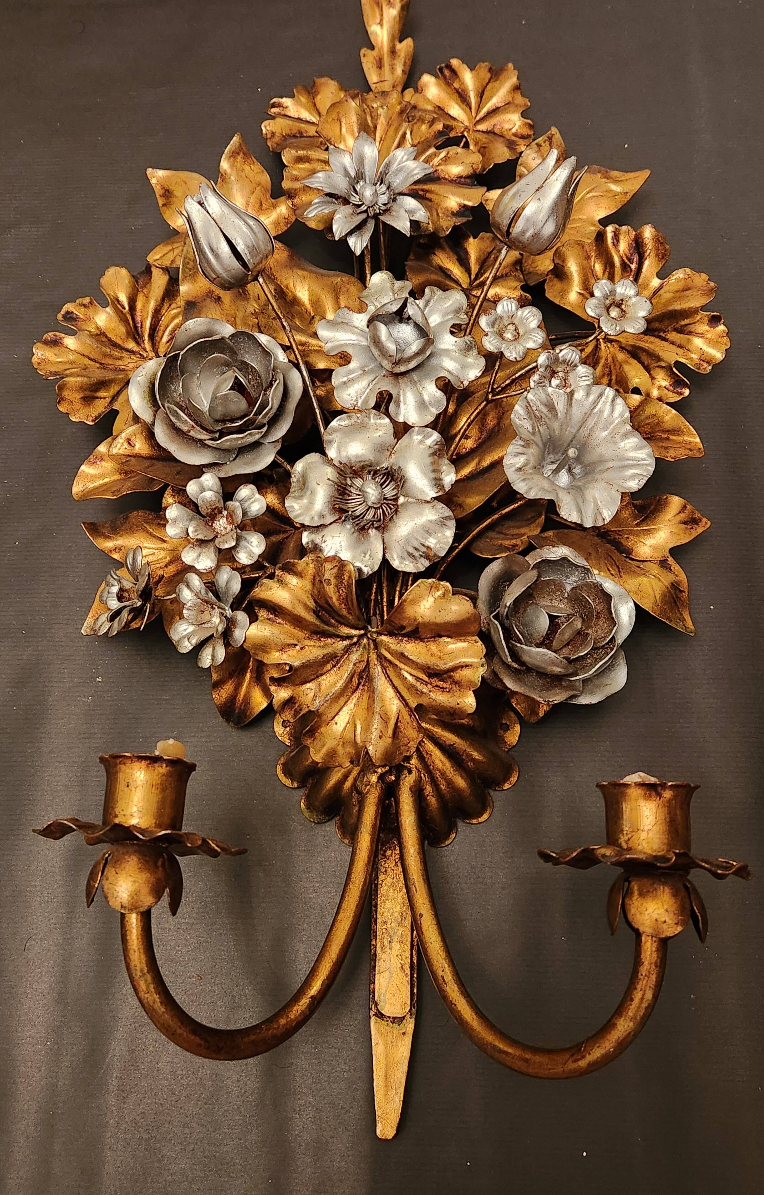 Hand-forged gilded silver-plated candle wall lamps by S. Salvadori